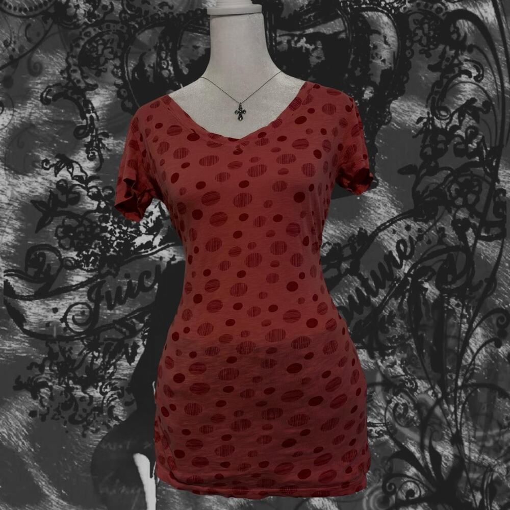 red abstarct circles dots salmon pink v neck retro y2k skinny short sleeve